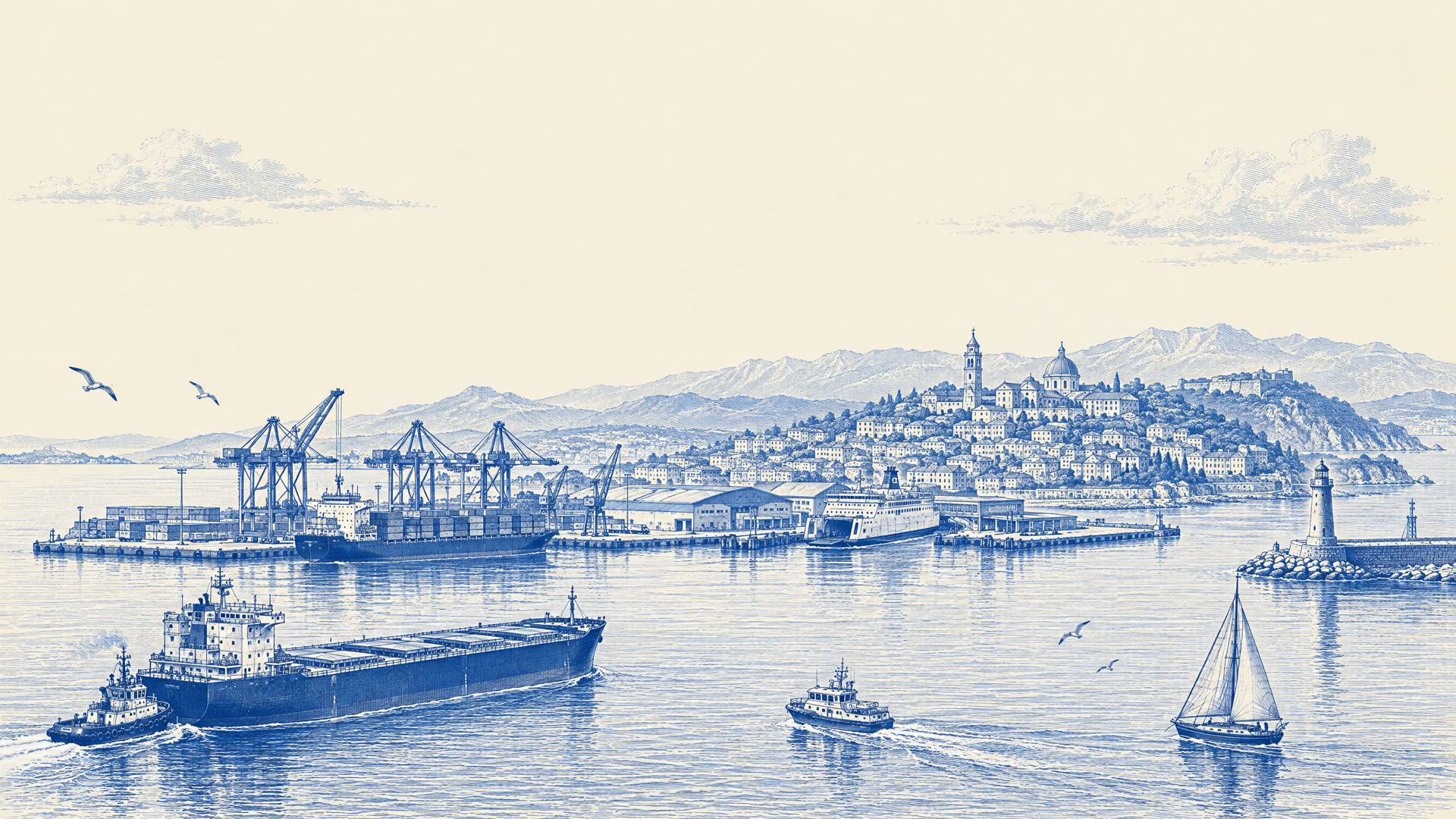 Engraving of a busy port: a tug guiding a bulk carrier, container cranes, a ferry, a lighthouse and a hill town behind.