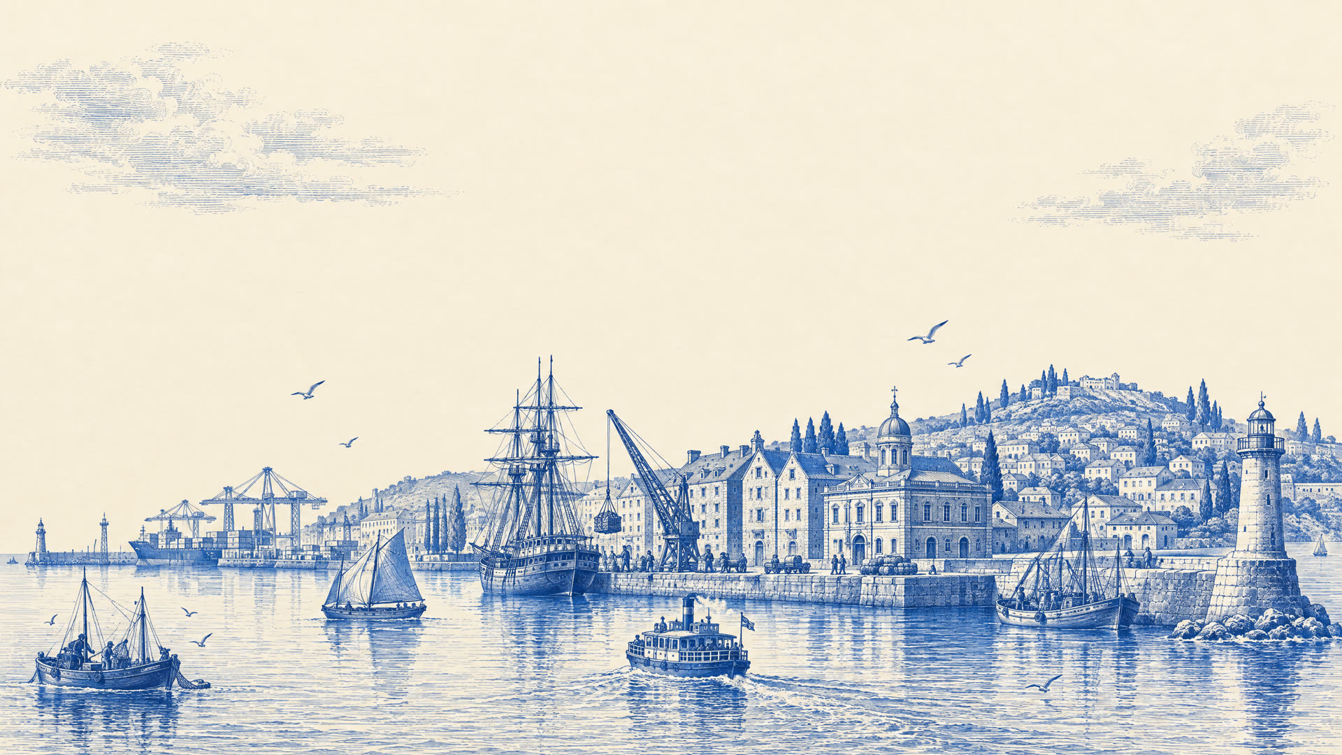 Engraving of a historic harbour town: a tall ship and a crane at the quay, a domed customs house, fishing boats, a ferry and a lighthouse on the breakwater.