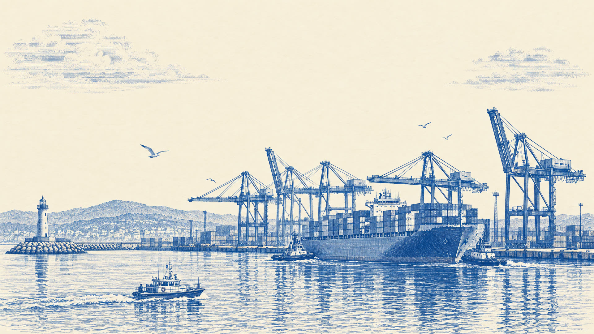 Engraving in blue ink of a container port at first light: gantry cranes, a container ship guided by two tugs, a pilot boat, a lighthouse on the breakwater and gulls in a wide open sky.