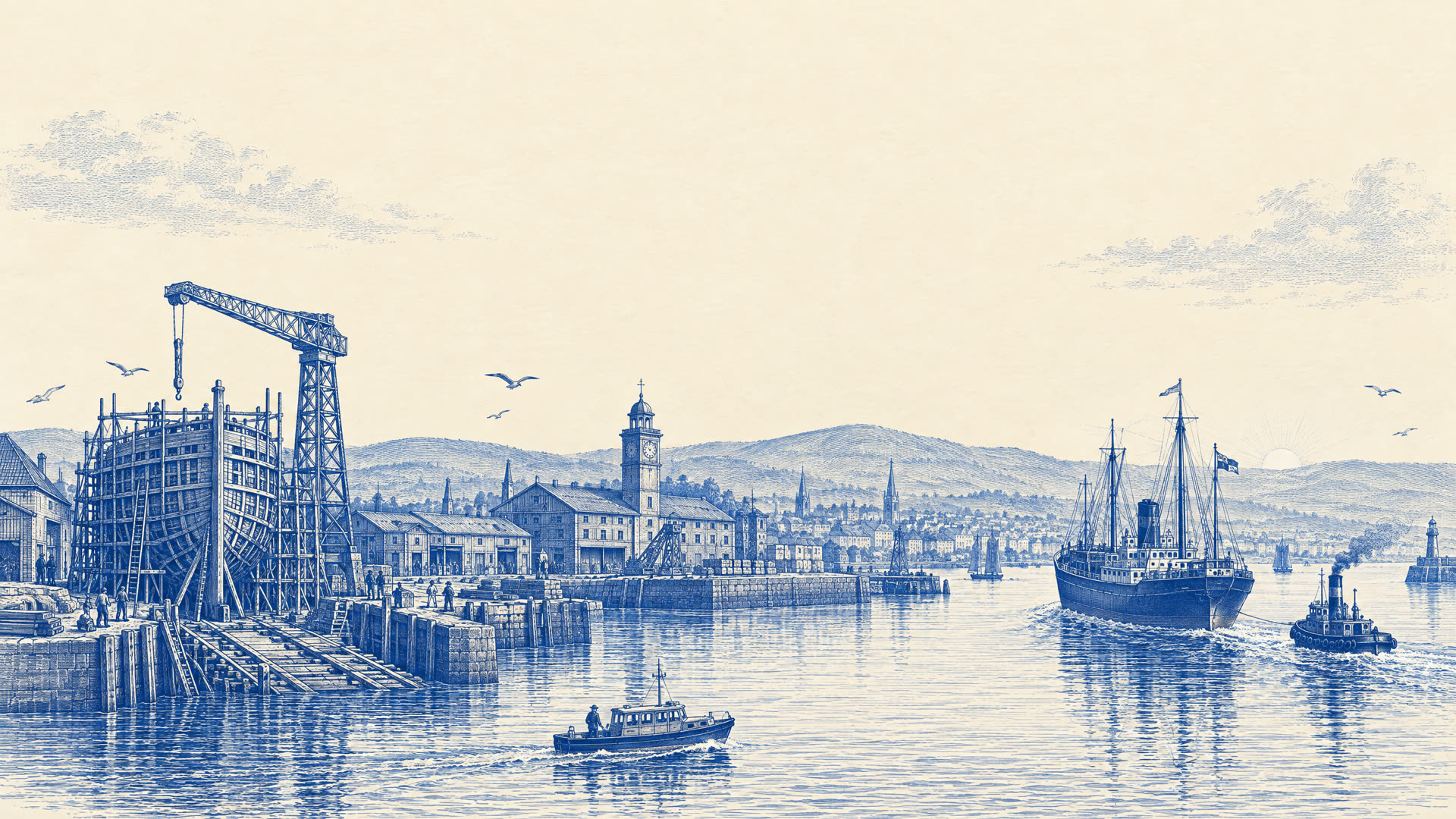 Engraving of a shipyard at dawn: a hull in scaffolding on the slipway under a tall crane, a clock tower on the quay, and a steamship leaving harbour with a tug.